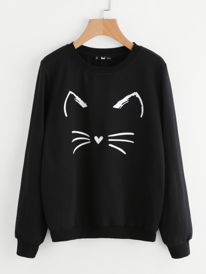 Cartoon Cat Print Sweatshirt