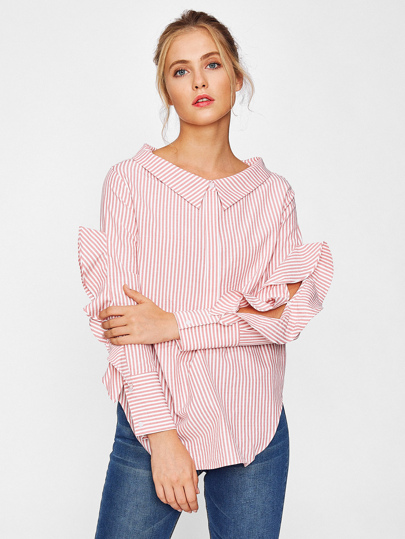 Frill Trim Open Sleeve Dolphin Hem Blouse