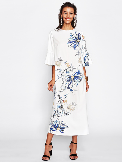 Trumpet Sleeve Flower Print Dress