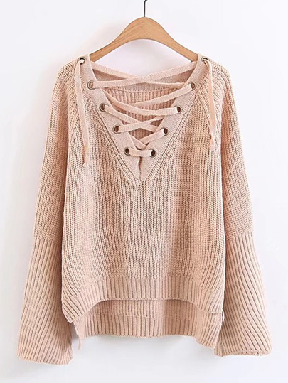 Eyelet Lace Up V Neck High Low Sweater