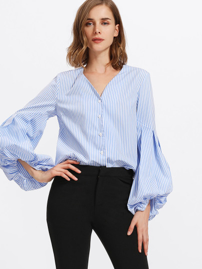 Blusa de rayas con manga farol plisada exagerada