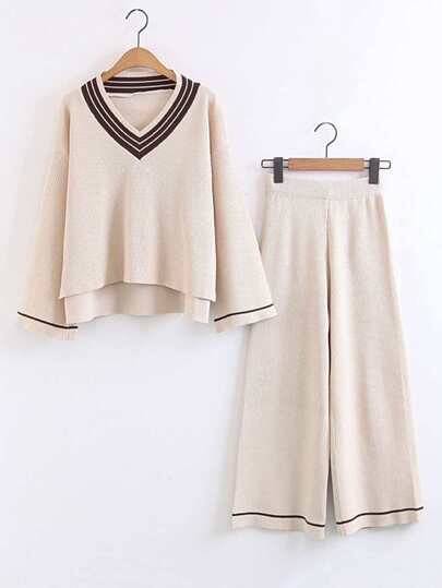 Bell Sleeve High Low Sweater With Wide Leg Pants