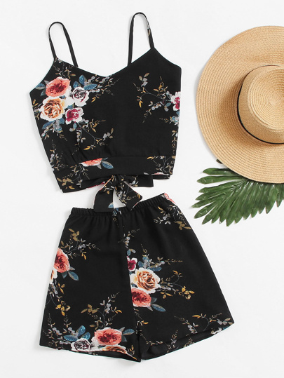 Floral Print Random Split Bow Tie Back Cami Top With Shorts