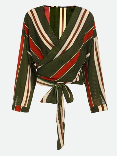 Striped Self Tie Surplice Top