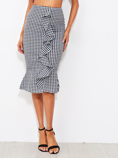 Gingham Frill Trim Fishtail Hem Skirt