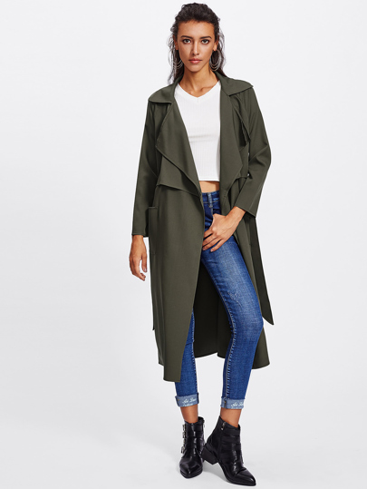 Patch Pocket Front Self Belted Layered Coat