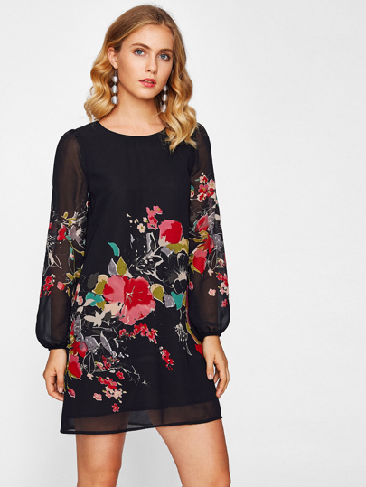 Kleid mit Laternenhülse und Blumenmuster