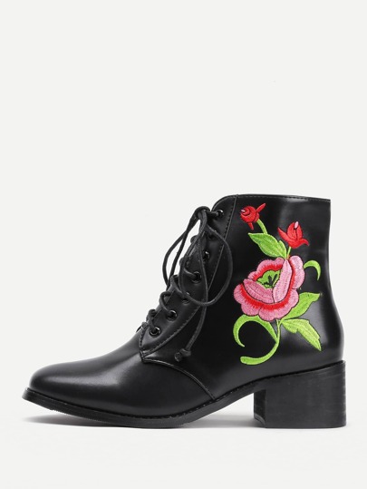 Bottes brodées des fleurs à lacets en cuir faux