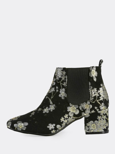 Floral Print Stitched Booties BLACK