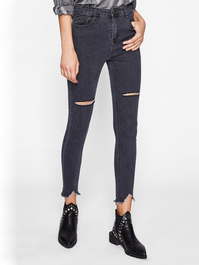 Knee Rips Frayed Hem Jeans