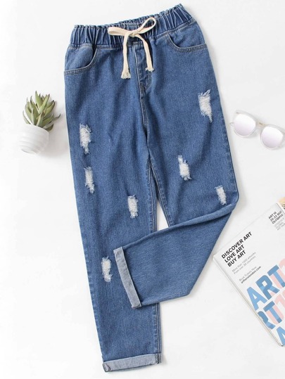 Drawstring Waist Ripped Boyfriend Jeans