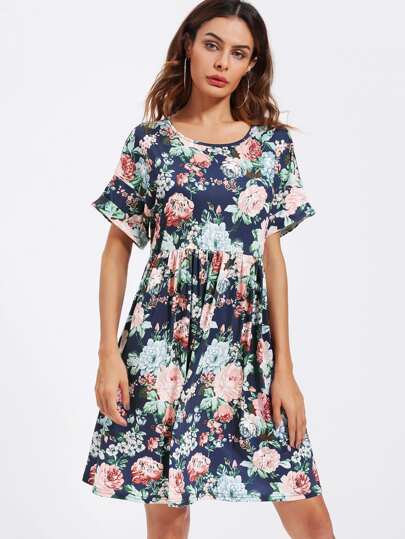 Flower Print Roll Cuff Smock Tee Dress