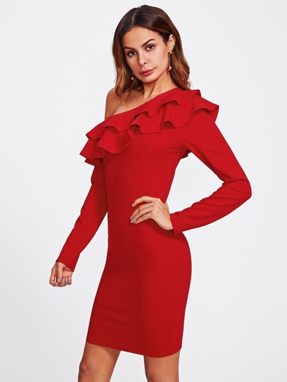 Flounce Asymmetric Shoulder Form Fitting Dress