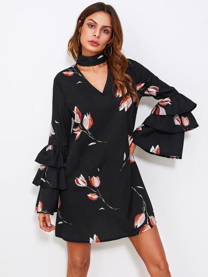 Choker Neck Layered Bell Sleeve Dress