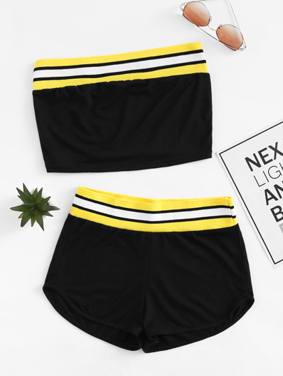 Contrast Stripe Trim Bandeau Top With Dolphin Shorts