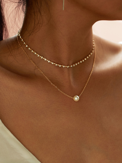 Halsband mit Strass und Halskette mit Kunstperle Anhänger
