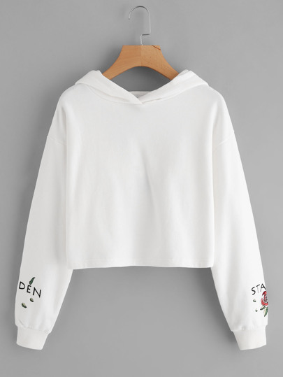 Drop Shoulder Rose Embroidered Crop Hoodie