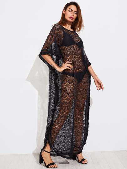 Fringe Trim Lace Poncho Dress