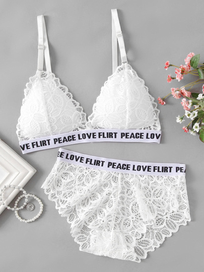 Sheer Scallop Letter Print Lace Bra Set