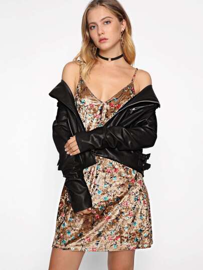 Dual V Neck Botanical Crushed Velvet Cami Dress