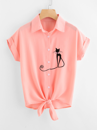 Cat Embroidered Cuffed Tie Hem Shirt