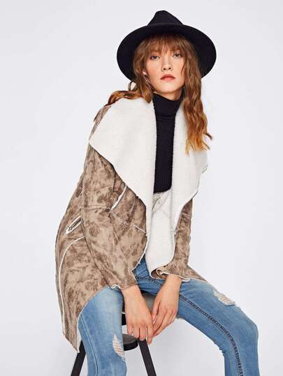 Drape Collar Zip Pocket Faux Shearling Coat