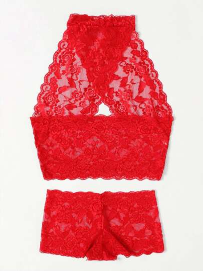 Scallop Trim Floral Lace Lingerie Set