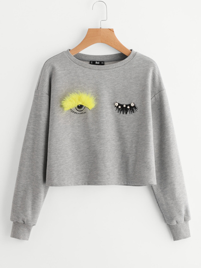 Faux Fur And Beading Wink Eye Drop Shoulder Sweatshirt