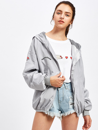 Letter Print Hooded Zip Up Jacket