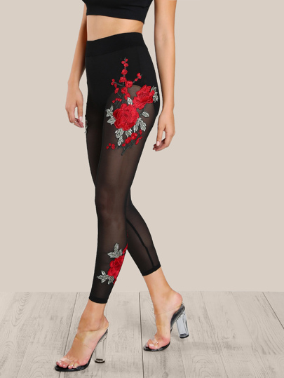 Leggings brodé des fleurs avec des appliques