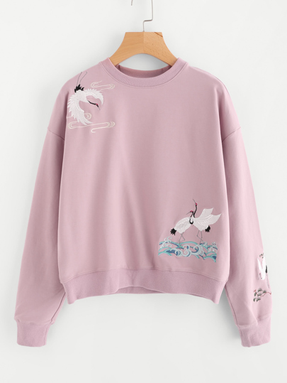 Sweatshirt mit sehr tief angesetzter Schulterpartie und Kranich Stickereien