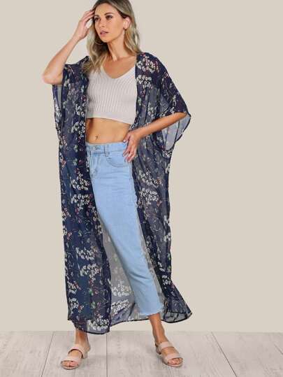 Floral Print Sheer Kimono BLUE