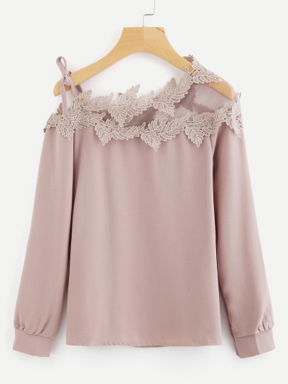 Mesh Panel Crochet Appliques Asymmetric Cold Shoulder Blouse