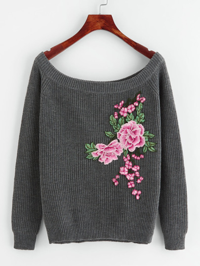 Pull avec manche raglan avec pièce de fleur brodé
