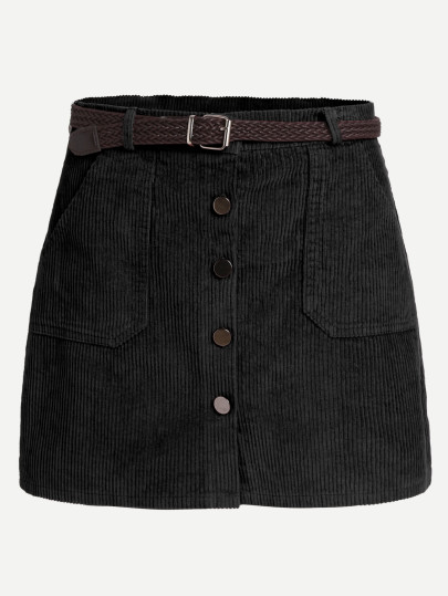 Corduroy Single Breasted Skirt With Belt