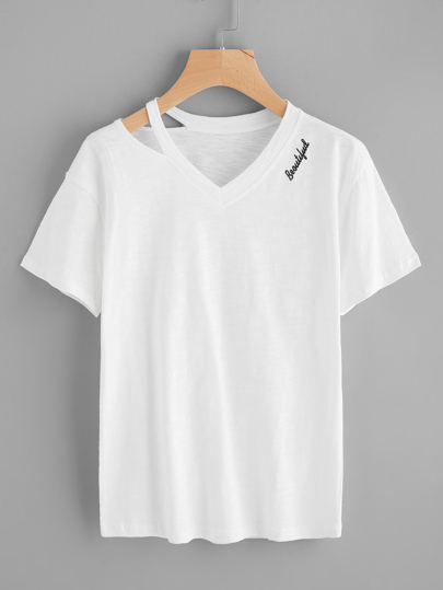 T-Shirt mit Cut Out,V-Ausschnitt und Buchstabestickerei
