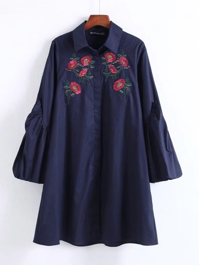 Flower Embroidery Lantern Sleeve Dress