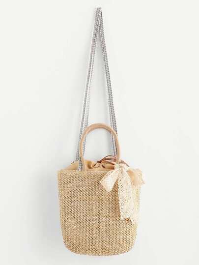 Stroh Schultertasche mit Kordelzug und Spitzeschleife