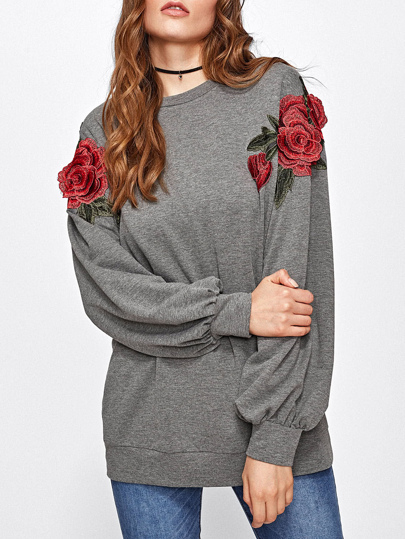 3D Rose Applique Heather Knit Pullover