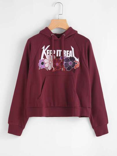 Sweat encapuchonné brodé fleur avec manche raglan