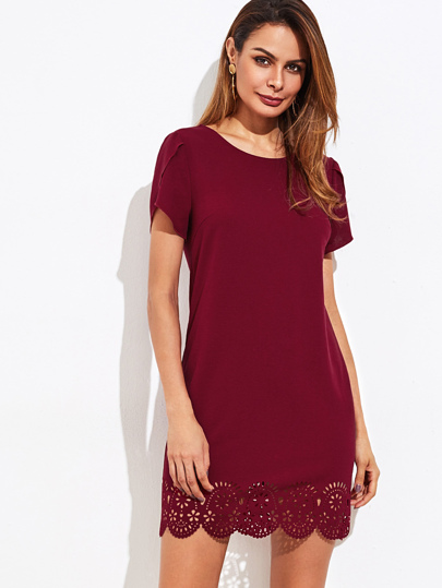Scallop Laser Cut Tulip Sleeve Keyhole Back Dress