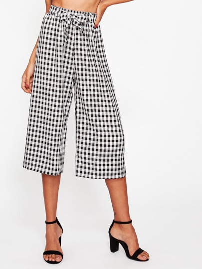 Gingham Self Tie Wide Leg Pants