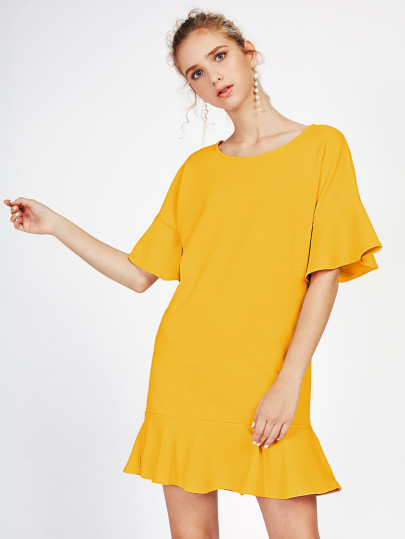 Frill Trim Drop Hem Dress