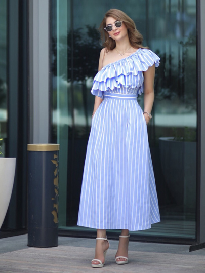 vestito a strisce spalla con ruches - Blu