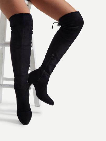 Lace Up Back Block Heeled Thigh High Boots