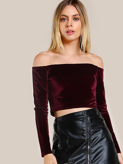 Bardot Neckline Velvet Crop Top