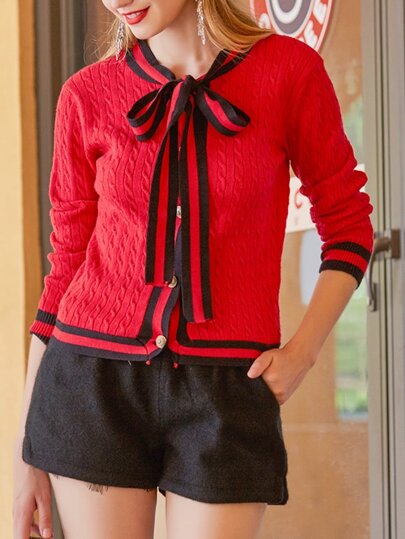 Bowknot Neck Color Block Sweater