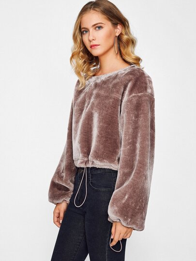 Drawstring Cuff And Hem Faux Fur Crop Sweatshirt