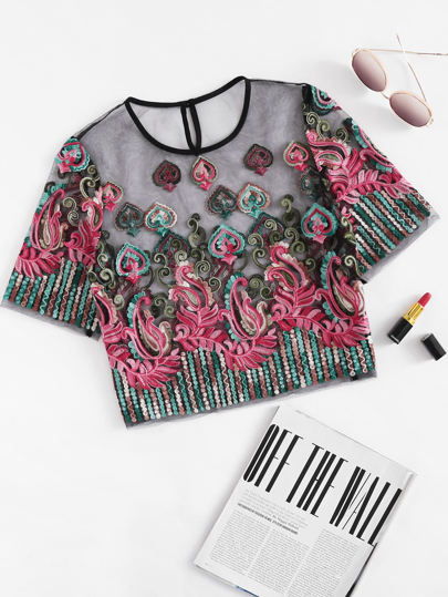 Embroidery Mesh Buttoned Keyhole Blouse