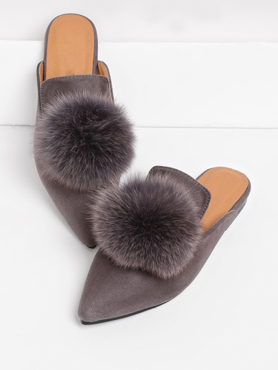 Pom Pom Decorated Pointed Toe Flat Mules